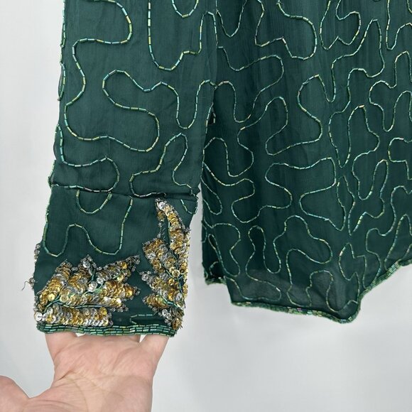 LAURENCE KAZAR shirt top blouse green XXL beaded sequins formal party evening - Picture 5 of 11